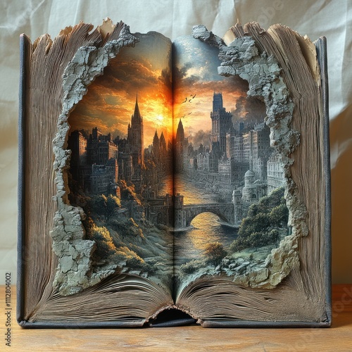 An intricately designed open book reveals a fantastical cityscape at sunset.