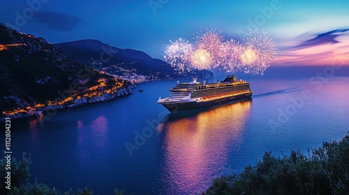 Spectacular Fireworks Above a Luxury Cruise Ship in Serene Waters