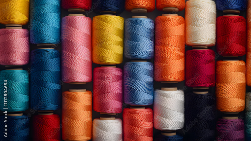 Colourful spools of vibrant thread arranged in a neat pattern, showcasing a variety of bright hues in a visually striking and organised display for sewing or crafting Colourful spools of vibrant thread arranged in a neat pattern, showcasing a variety of bright hues in a visually striking and organised display for sewing or crafting