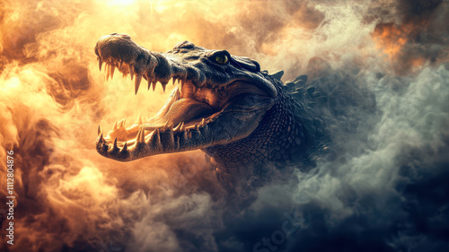 Enraged Crocodile Breaks Through Misty Chaos in a Wild Surreal Vision of Nature\'s Fury