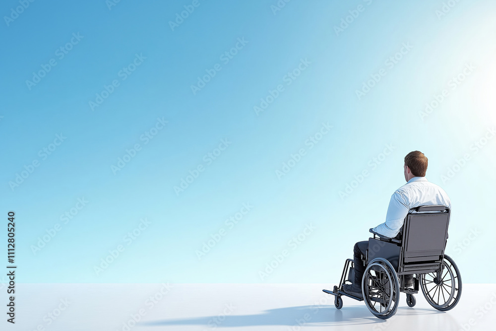 Man in wheelchair gazes at clear blue sky in serene outdoor setting Man in wheelchair gazes at clear blue sky in serene outdoor setting