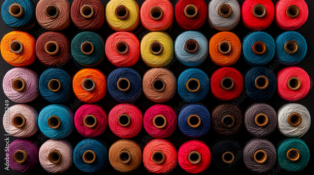 Colourful spools of vibrant thread arranged in a neat pattern, showcasing a variety of bright hues in a visually striking and organised display for sewing or crafting Colourful spools of vibrant thread arranged in a neat pattern, showcasing a variety of bright hues in a visually striking and organised display for sewing or crafting