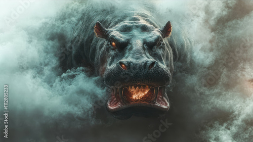 Enraged Hippopotamus Emerges From Swirling Mist With Fiery Eyes and Fierce Expression photo