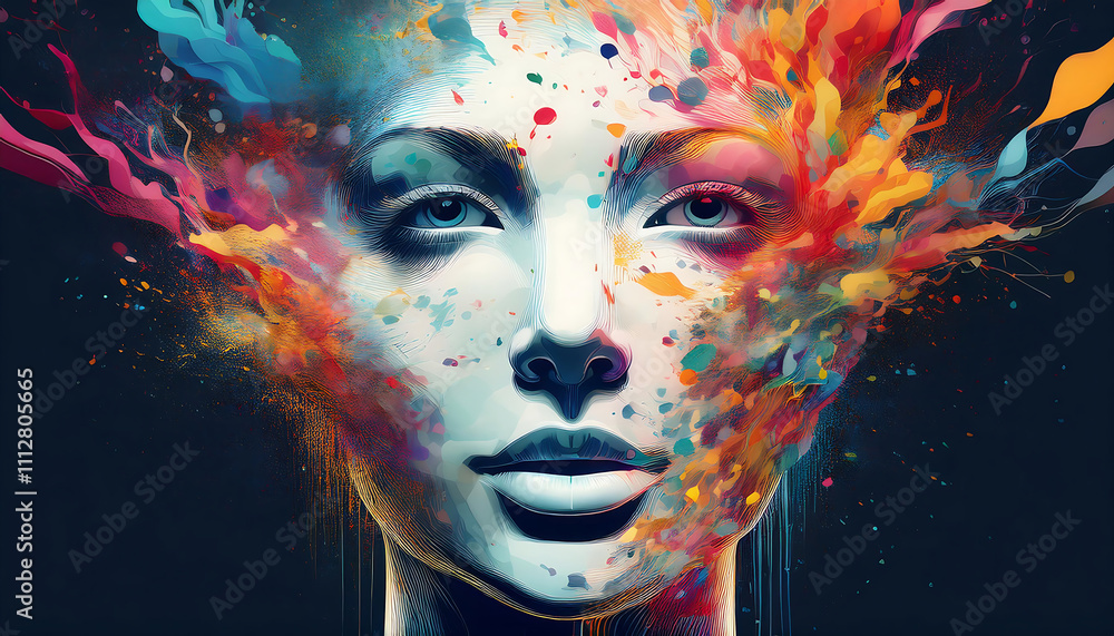 A digital art concept featuring a human face dissolving into colorful particles, symbolizing A digital art concept featuring a human face dissolving into colorful particles, symbolizing
