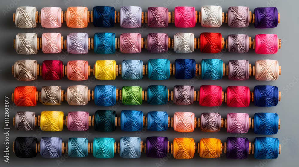 Colourful spools of vibrant thread arranged in a neat pattern, showcasing a variety of bright hues in a visually striking and organised display for sewing or crafting Colourful spools of vibrant thread arranged in a neat pattern, showcasing a variety of bright hues in a visually striking and organised display for sewing or crafting