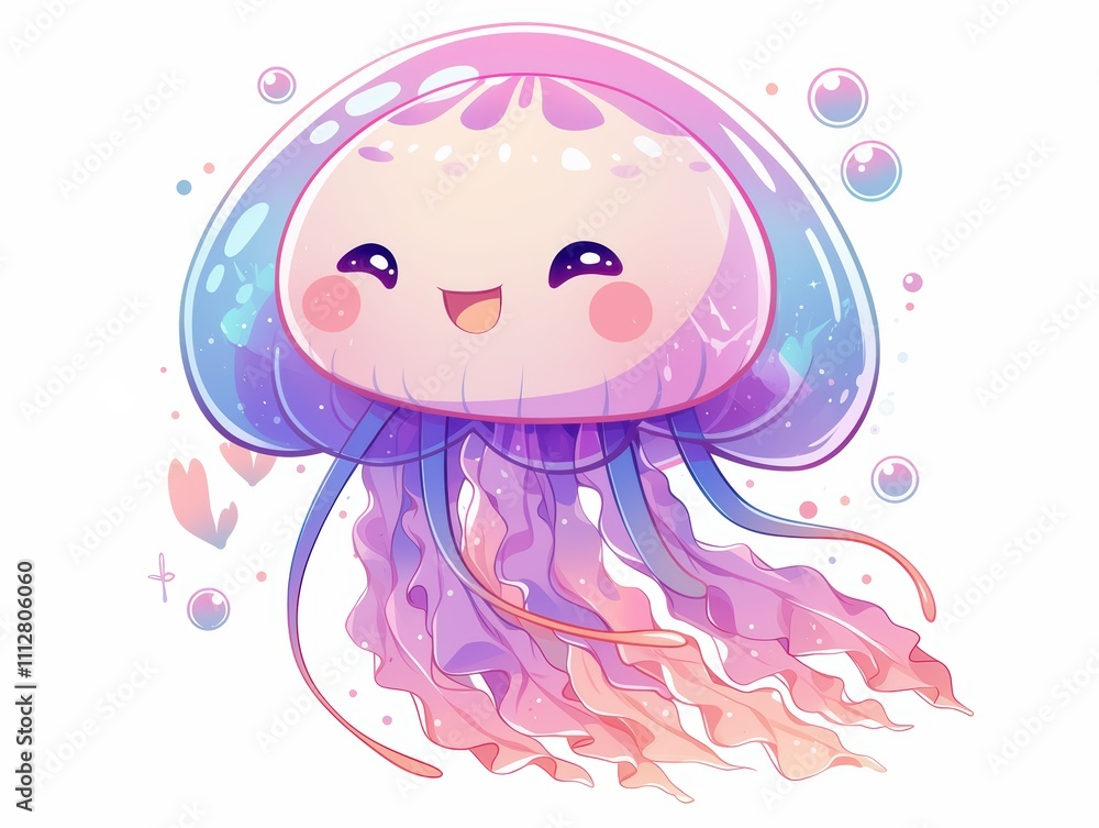 A cute, colorful jellyfish with a happy expression and flowing tentacles. A cute, colorful jellyfish with a happy expression and flowing tentacles.