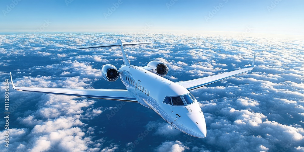Naklejka premium High in the sky, a sleek jet glides effortlessly through a sea of fluffy clouds, symbolizing the spirit and advancements of civil aviation on this special day