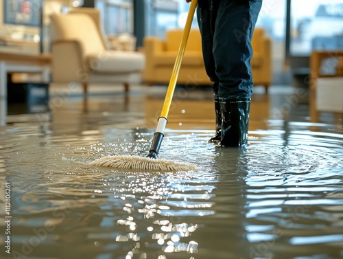 Person Cleaning Water from Floor in Flooded Room with Mop