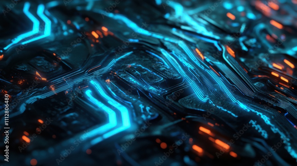 Fototapeta premium Vibrant Abstract Circuit Design with Blue and Orange Lights