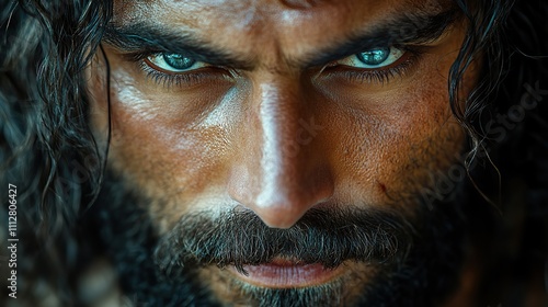 jesus christ close up portrait of a man with long black beard and moustache grunge background