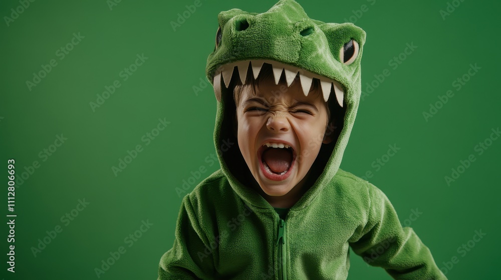 Fototapeta premium A Toddler Roaring in a Green Dinosaur Costume Against a Vibrant Green Background