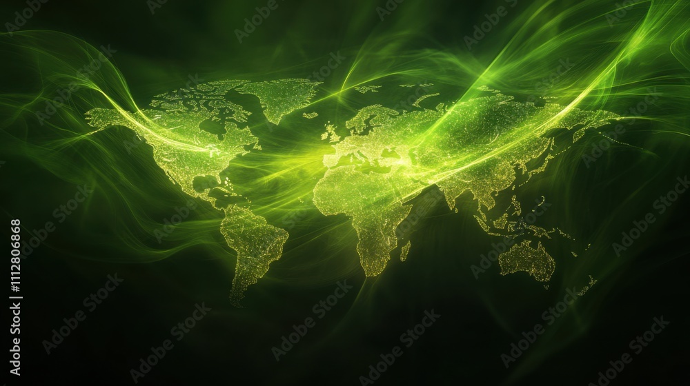 Naklejka premium Global Map in Green Light with Ethereal Flowing Background Effects