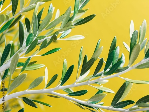 Green olive tree branches frame on yellow background. photo