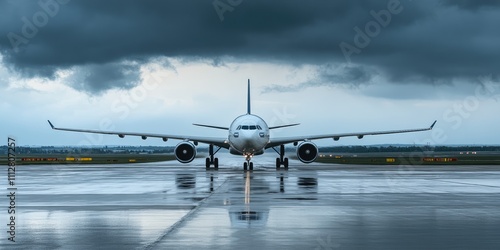 A poised aircraft stands ready on the runway, reflecting the spirit of Civil Aviation Day against a backdrop of dark, flowing clouds and shimmering pavement photo