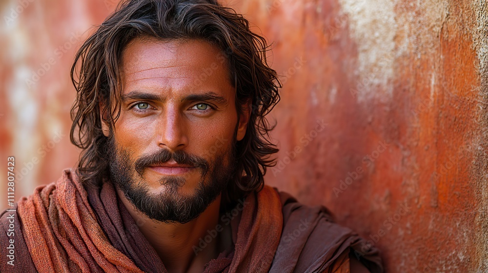 jesus christ in front of an old wall with copy space for text jesus christ in front of an old wall with copy space for text