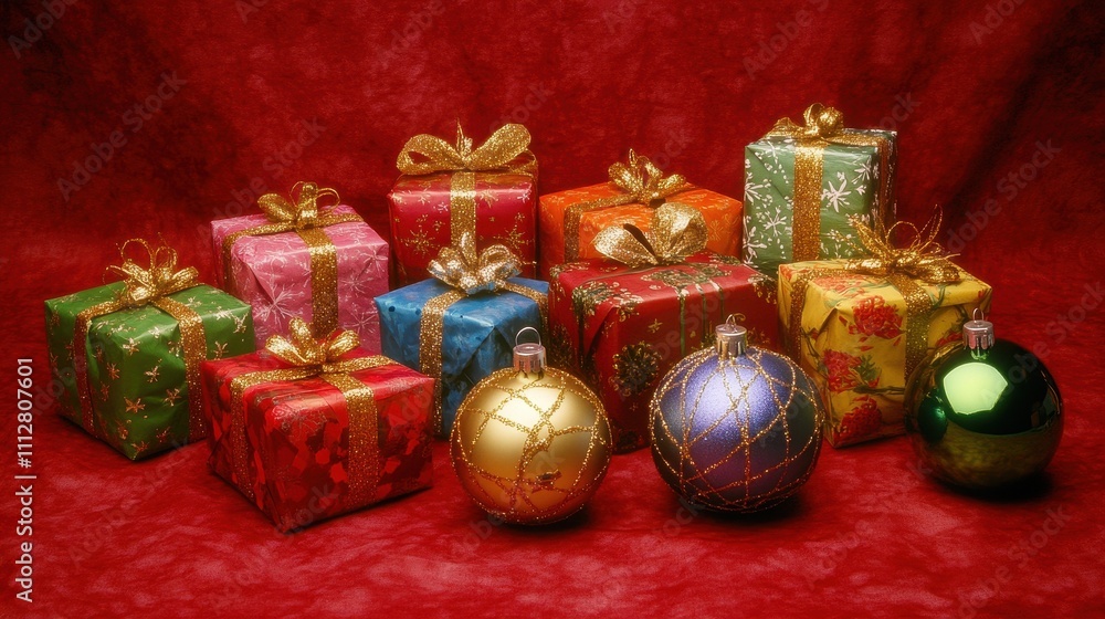 A Festive Collection of Christmas Presents and Ornaments on Red Velvet A Festive Collection of Christmas Presents and Ornaments on Red Velvet