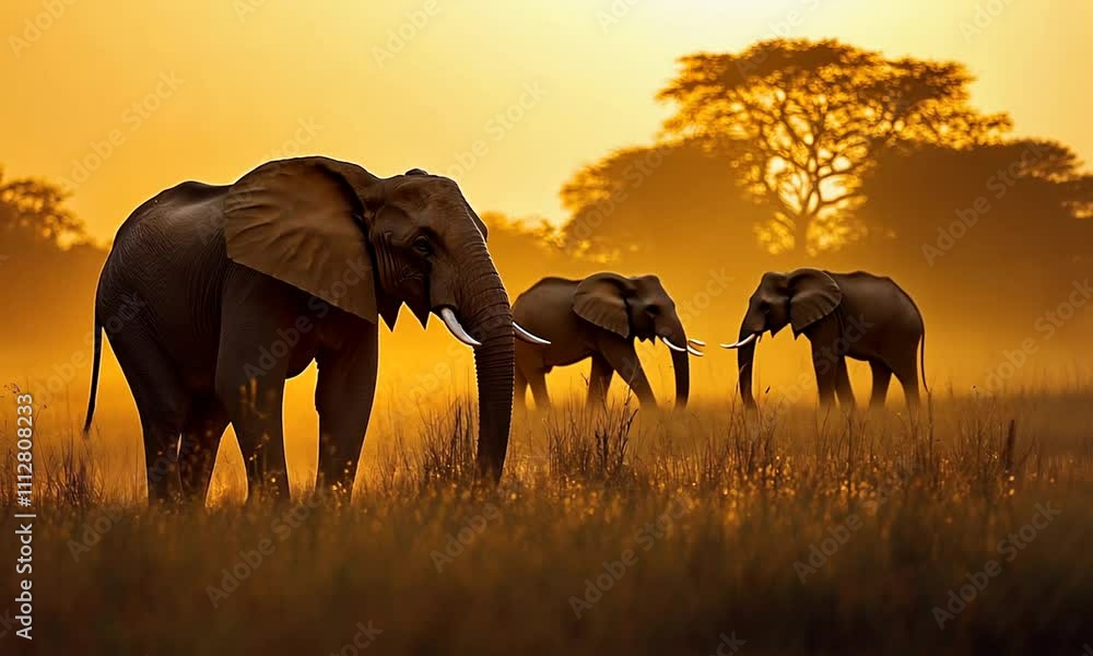 A serene sunset scene featuring elephants roaming in a golden grassland ...