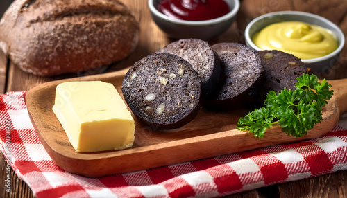 Fototapeta Naklejka Na Ścianę i Meble -  röggelchen, mit, blutwurst, und, senf, roggen, flönz, brötchen, essen, köln, kölsche, kaviar, neu, blut, wurst, butter, stück, rot, weiß, kariert, close up, tuch, traditionell, holz, hölzern, kölner, 