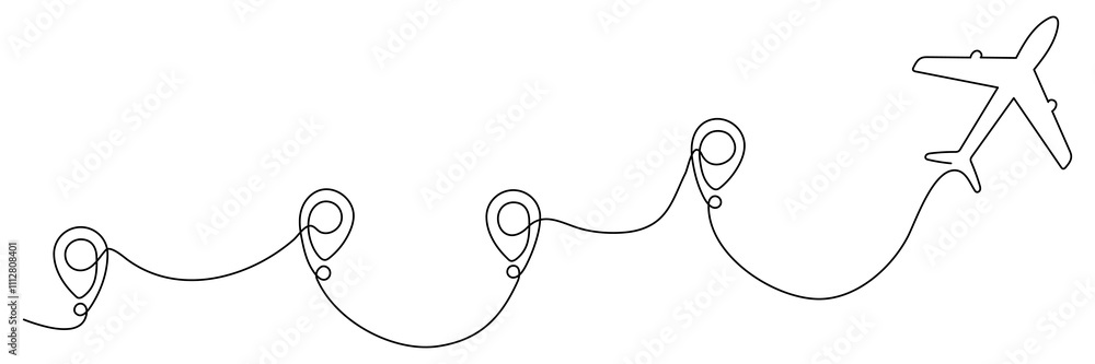 Obraz premium Airplane continuous line drawing with map pin pointer. Airplane flying with start point route. Travel destination symbol. Vector isolated on white.