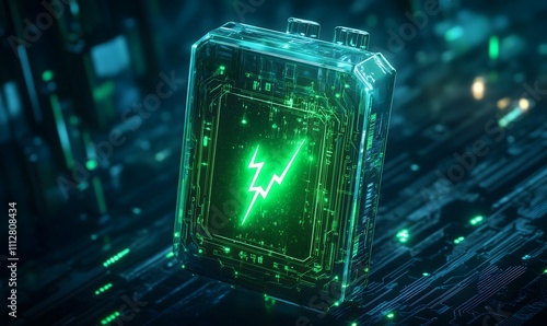 Brightly glowing battery icon with dynamic green lightning, illustrating the concept of energy and innovation.