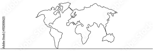 Continuous line drawing world map. Earth line symbol. Vector illustration isolated on white.