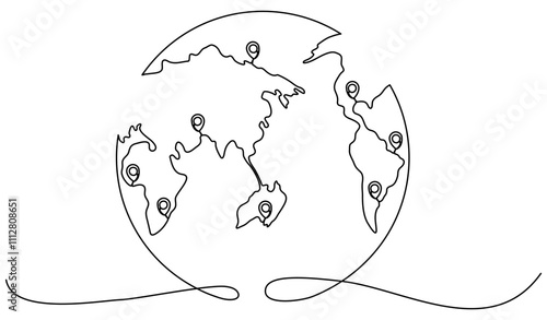 Earth globe with location markers continuous line drawing. Pointer symbols on world map. Journey and travel concept. Vector illustration isolated on white.
