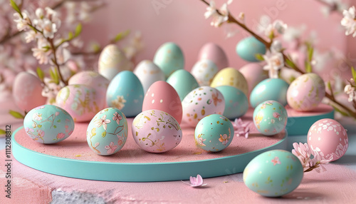 Spring easter celebration concept, product display podium mock up background with Pastel Easter Egg Field, spring easter flowers, ad, podium platform, product presentation space photo