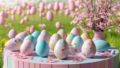 Spring easter celebration concept, product display podium mock up background with Pastel Easter Egg Field, spring easter flowers, ad, podium platform, product presentation space photo