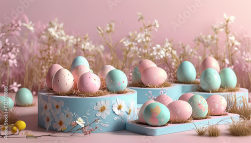 Spring easter celebration concept, product display podium mock up background with Pastel Easter Egg Field, spring easter flowers, ad, podium platform, product presentation space photo