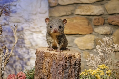 A quoll is standing on a wooden log. Native to Australia and New Guinea, quolls are carnivorous marsupials that are typically nocturnal and hide in dens during daylight hours. photo