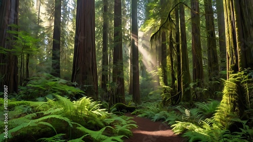 Sunbeams illuminate a lush redwood forest path. photo