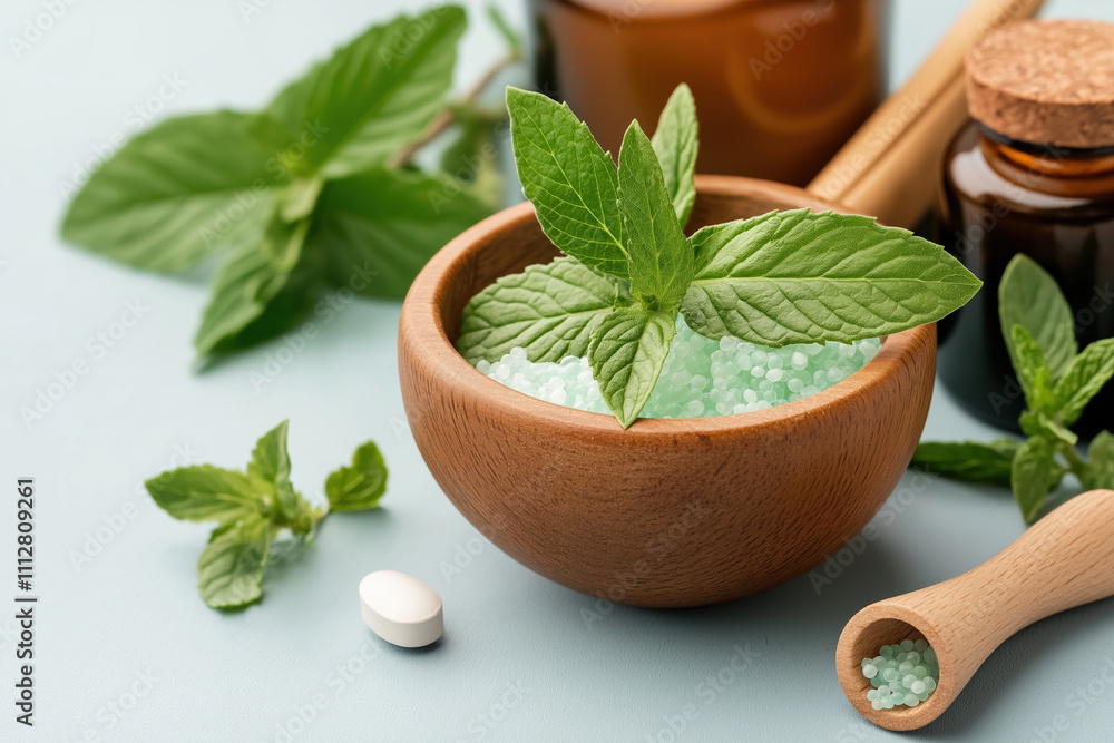Mint leaves and essential oils setup for a relaxing spa treatment experience Mint leaves and essential oils setup for a relaxing spa treatment experience