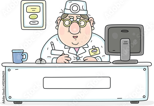 Doctor sitting at a desk with a computer monitor and preparing to receive and listen to a patient in a consulting room of a hospital or clinic, vector cartoon illustration on a white background