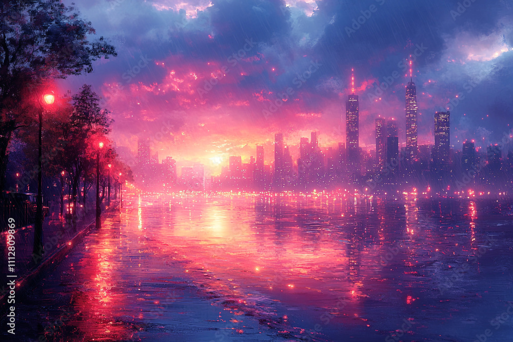 Rainy Cityscape at Sunset with Glowing Lights Rainy Cityscape at Sunset with Glowing Lights