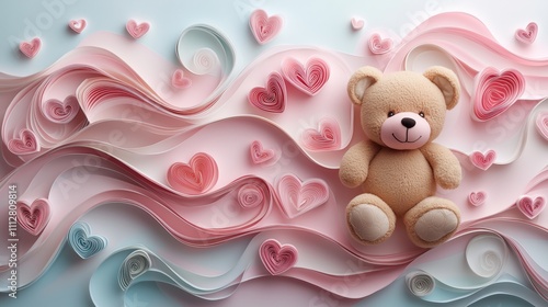 Valentine’s Day background featuring a heart-shaped design with a cute teddy bear and delicate pastel, pink and white paper quilling swirls. photo