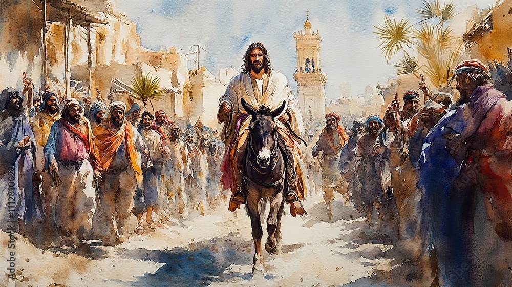 Fototapeta premium jesus entering in jerusalem on a donkey welcomed by the crowd palm sunday watercolor biblical illustration