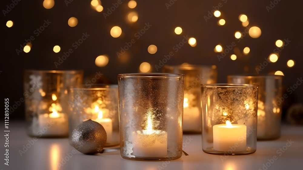 Lit candles in glass holders with a festive background Lit candles in glass holders with a festive background