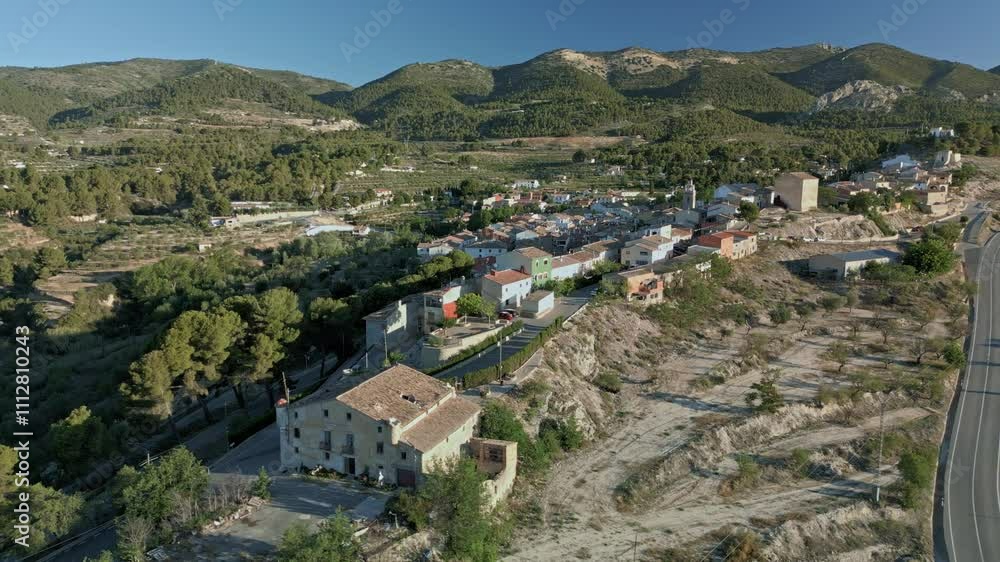 Aerial view of the small village of Torremanzanas, It is located in the interior of the province of Alicante, Costa Blanca, Spain - 4K stock video Aerial view of the small village of Torremanzanas, It is located in the interior of the province of Alicante, Costa Blanca, Spain - 4K stock video