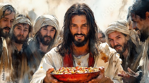 jesus feeds the 5000 digital watercolor illustration photo