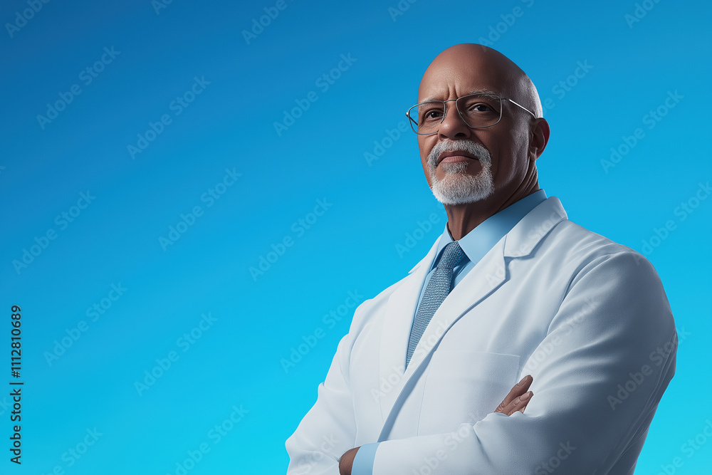 Experienced healthcare professional posing confidently against a blue background Experienced healthcare professional posing confidently against a blue background