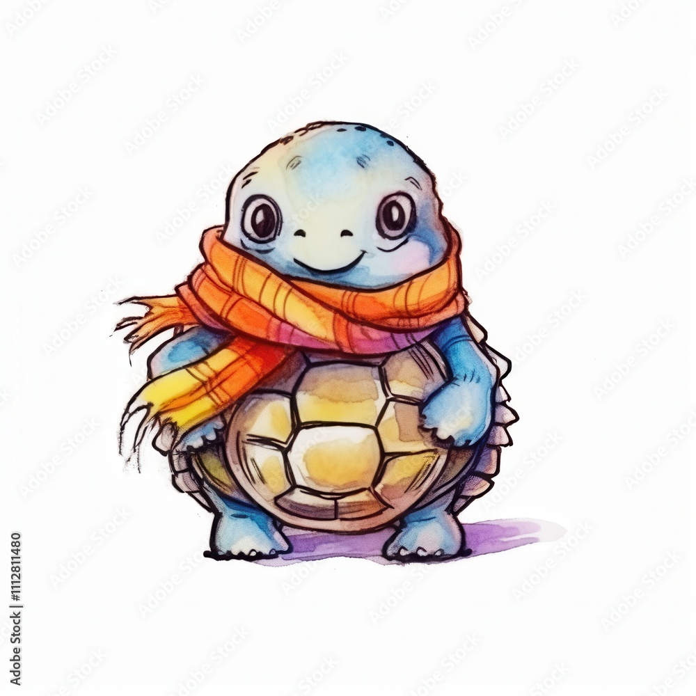 Obraz premium A cute cartoon turtle wearing a colorful scarf, smiling cheerfully while holding a shell.