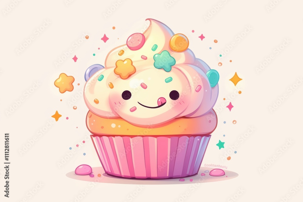 A cute, smiling cupcake topped with colorful frosting and sprinkles. A cute, smiling cupcake topped with colorful frosting and sprinkles.