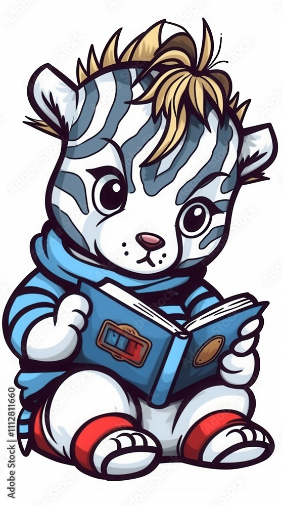 A cute cartoon zebra cub with blue stripes and a playful haircut, reading a book in a cozy setting. A cute cartoon zebra cub with blue stripes and a playful haircut, reading a book in a cozy setting.