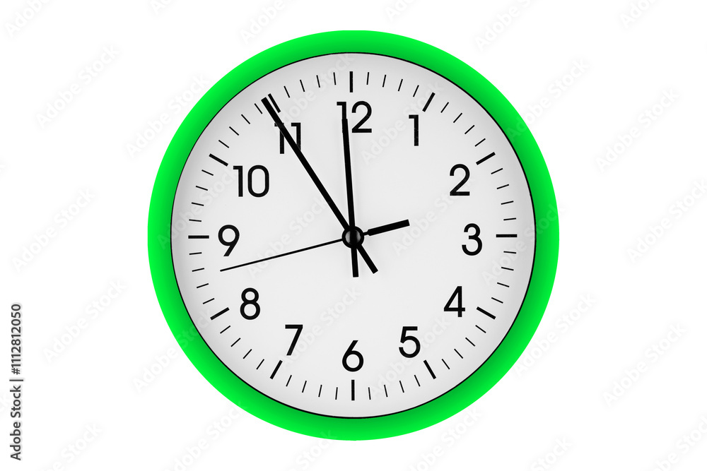 Green watch, wall clock 11 hours 45 minutes on isolated or white background close up Green watch, wall clock 11 hours 45 minutes on isolated or white background close up