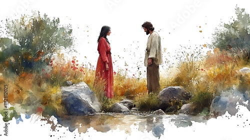 jesus talking to a samaritan woman at the well digital watercolor illustration photo