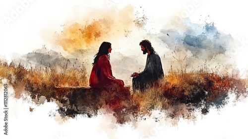 jesus talking to a samaritan woman at the well digital watercolor illustration