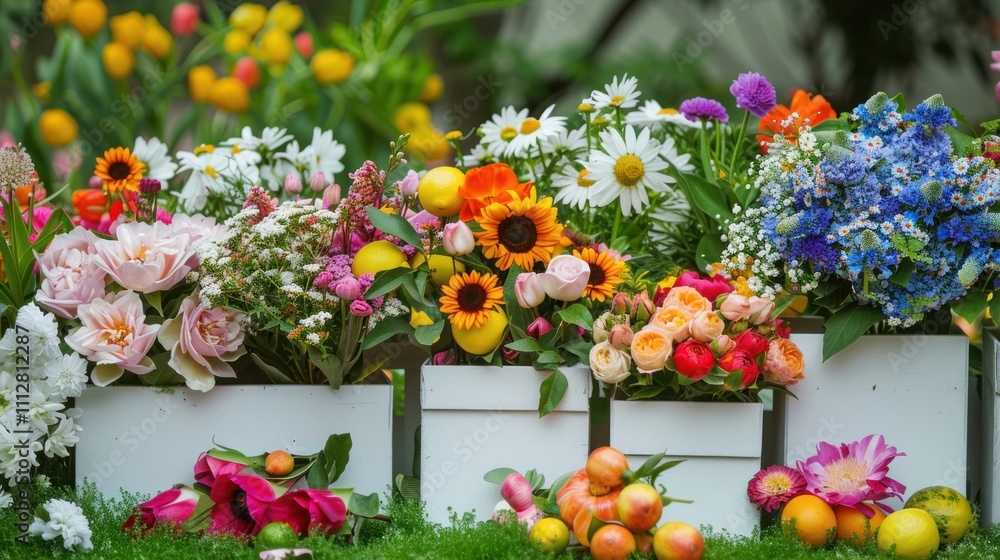 Fototapeta premium Floral Arrangement with Lemons, Sunflowers and White Boxes