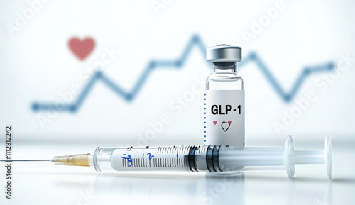 Vials labeled glp-1 with syringes, heart icon, and growth chart symbolize hormone therapy benefits.
 photo