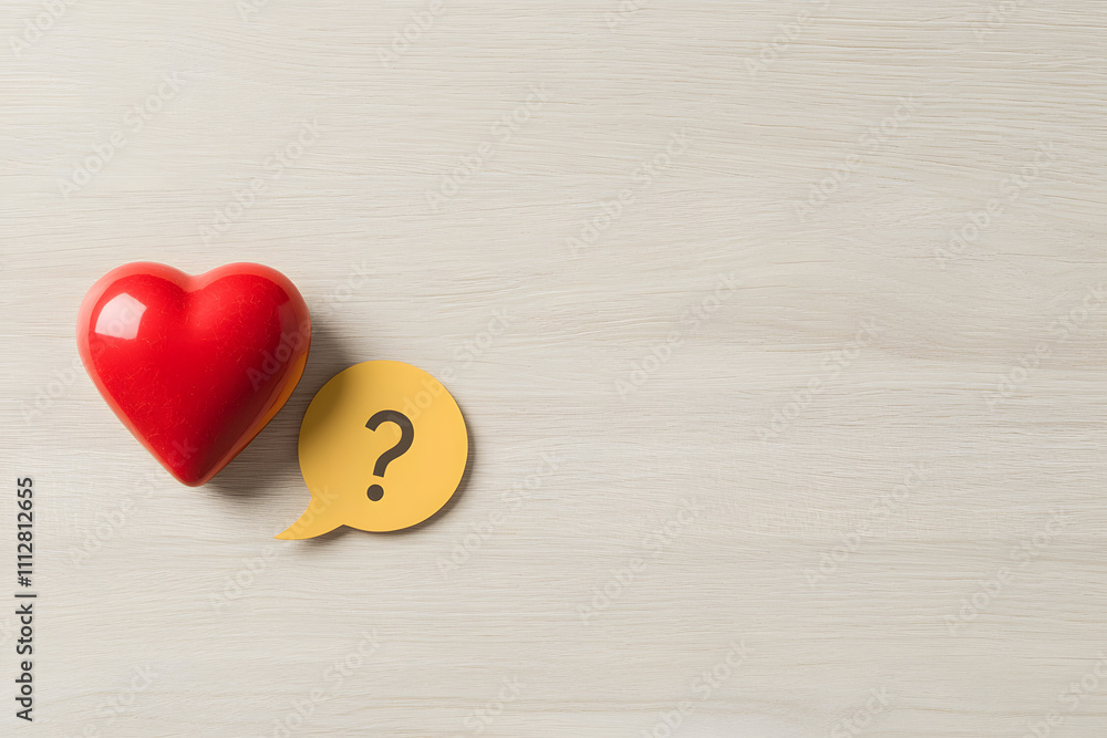 Obraz premium A Red Heart-Shaped Object and a Yellow Question Mark, Symbolising Curiosity and Love in a Creative and Bold Design