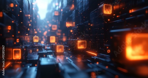 Neon Cyber Network. Futuristic digital cityscape with glowing orange cubes and advanced technology concept, perfect for tech backgrounds, innovation themes, cyber security, AI research, and sci-fi pr